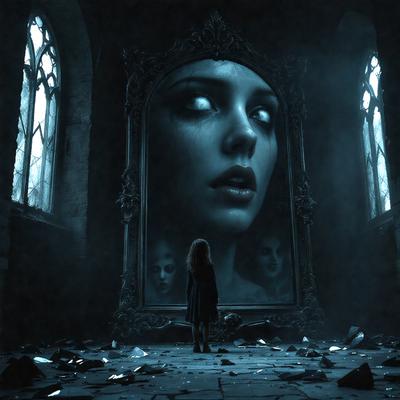 The primary subject of the image is a young girl standing in front of a large mirror. The setting is a dark room with a broken mirror, creating a mysterious and eerie atmosphere. The visual style appears to be a digital art or illustration, as the girl and the mirror are depicted in a surreal manner. The colors and mood of the image are predominantly dark, with the broken mirror adding a sense of danger and unease.